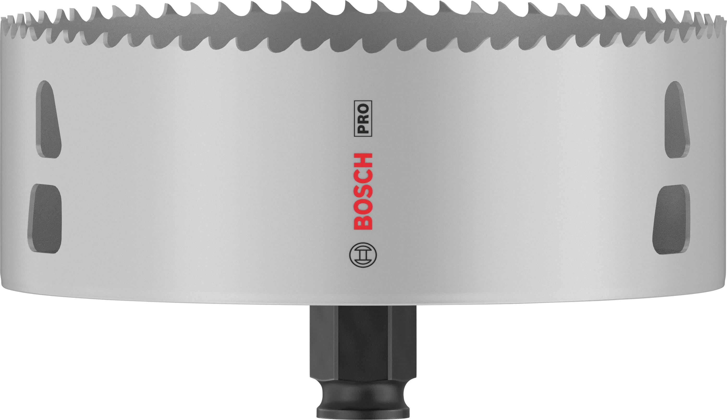 Silberne Lochsäge mit scharfen Zähnen, Markenlogo 'Bosch Pro' in Rot auf der Seite. Einsatz für professionelles Bohren und Fräsen.
