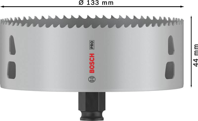 Abgebildet ist eine Bosch Pro Lochsäge mit einem Durchmesser von 133 mm und einer Höhe von 44 mm, geeignet für professionelle Anwendungen.