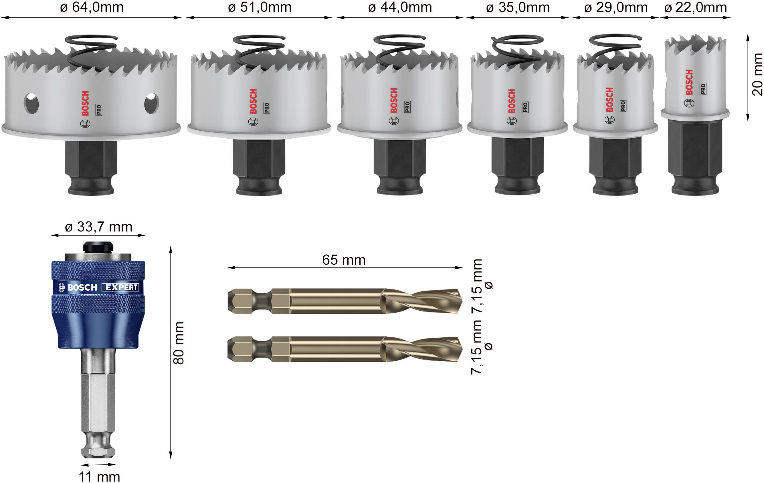 Sechs Sägeblätter in verschiedenen Größen, ein blauer Adapter und zwei Bohrer mit Längen- und Durchmesserangaben. Markenname sichtbar.