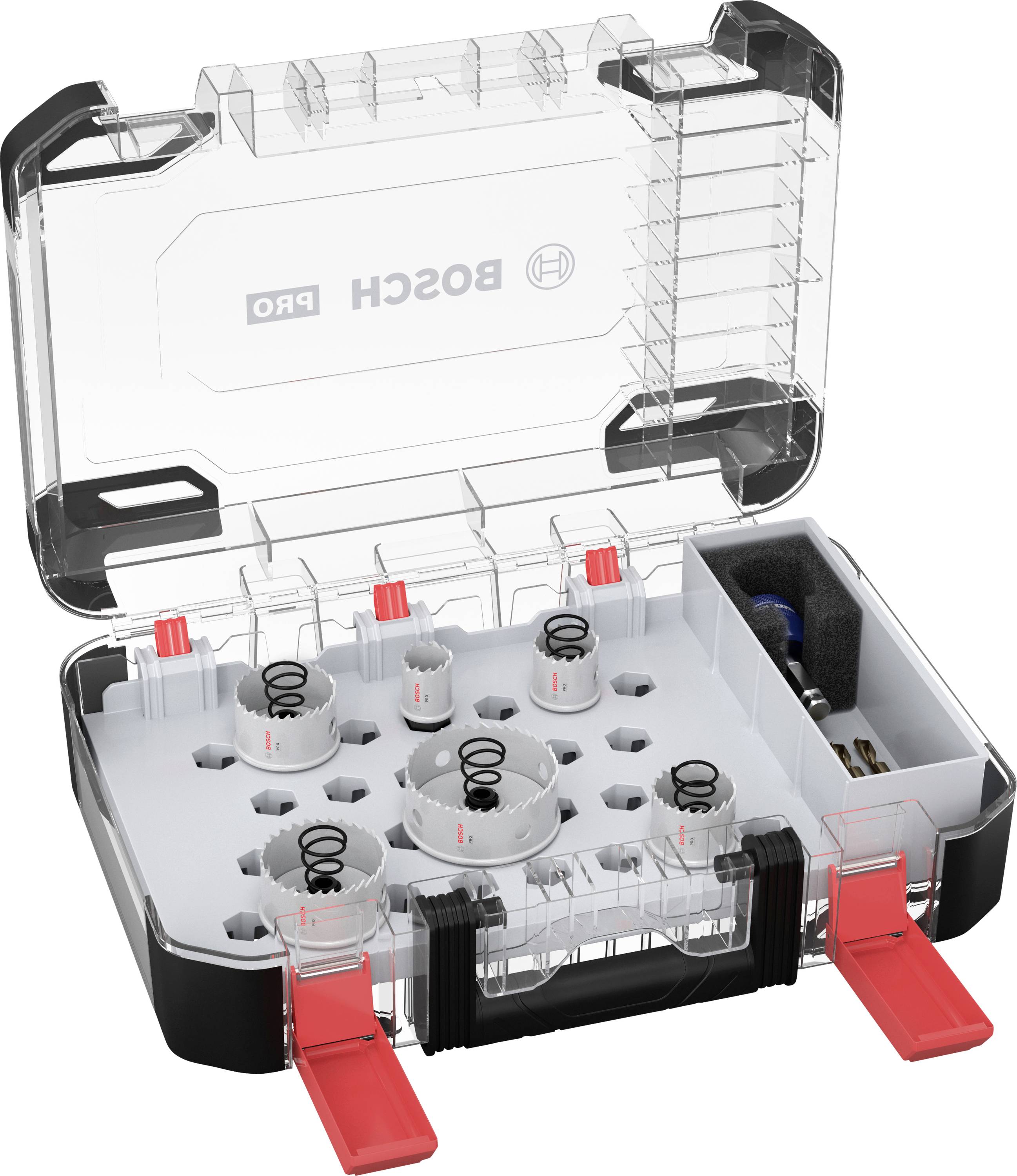 Ein offener Werkzeugkasten von Bosch mit mehreren Lochsägen und Zubehör, bereitgestellt in einem geordneten Einsatz zur einfachen Entnahme.