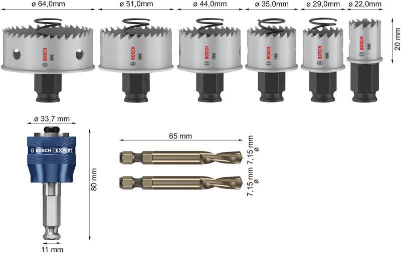 Satz von Bosch Lochsägen und Zubehör in unterschiedlichen Größen, inklusive Adapter und Bohrer, ideal für präzises Sägen.