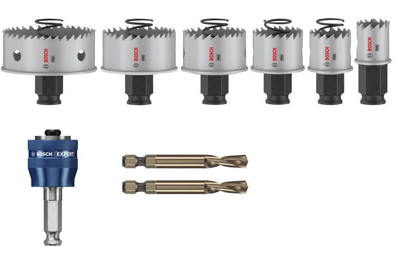 Satz Lochsägen mit sechs verschiedenen Größen und dazugehörigem Adapter, darunter zwei Bohrer, geeignet für Holz- und Metallbearbeitung.