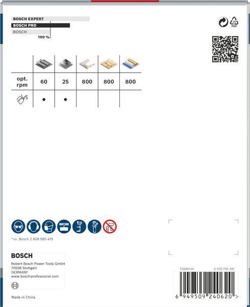 'Bosch Expert' Etikett: Empfohlene Drehzahl für verschiedene Materialien, links Schaubilder, unten Firmeninformationen und QR-Code.