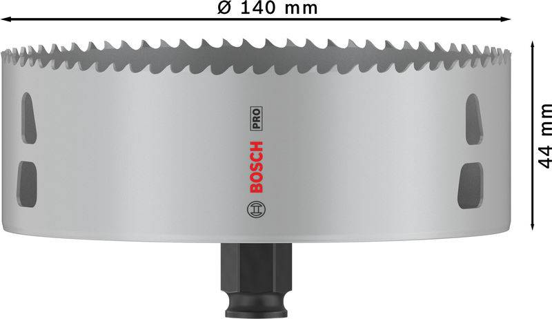 Eine Bohrkrone von Bosch mit einem Durchmesser von 140 mm und einer Höhe von 44 mm. Sie ist aus Metall mit gezackten Kanten.