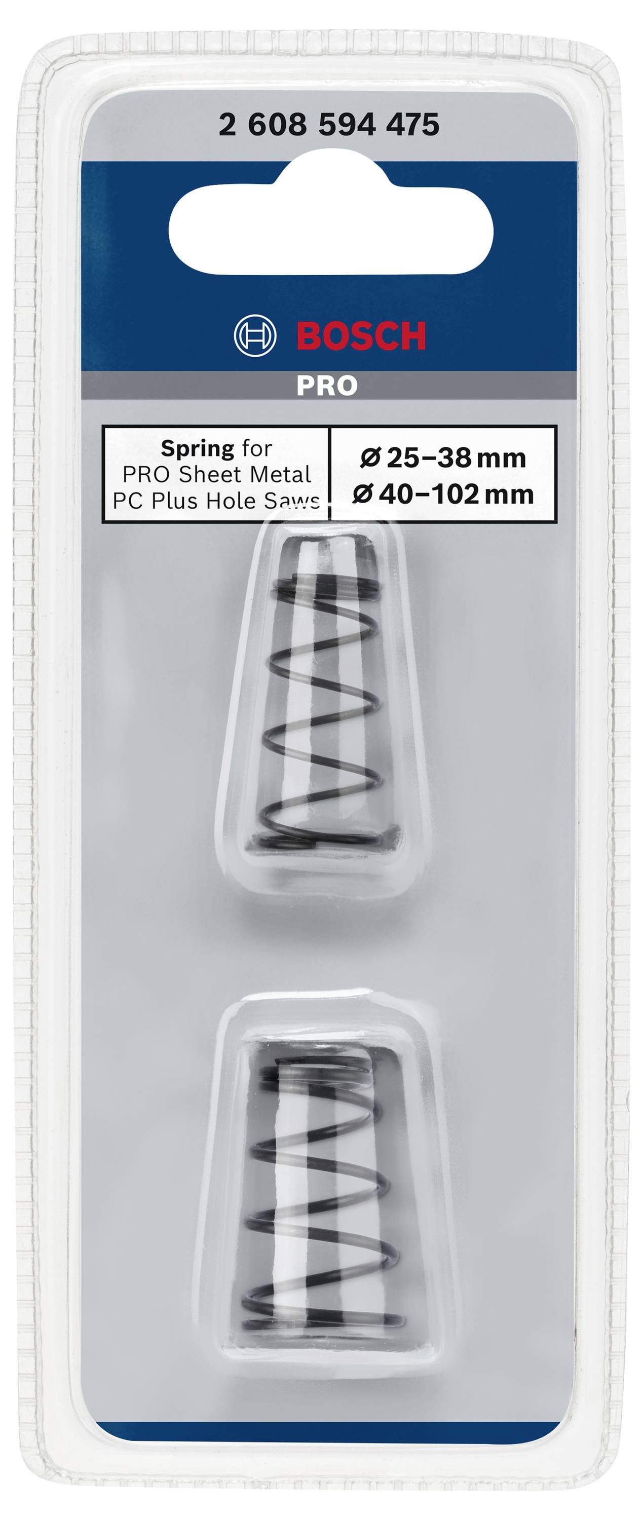 Verpackung mit zwei Ersatzfedern von Bosch Pro für Blechlochsägen. Größen: 25–38 mm und 40–102 mm. Artikelnummer: 2 608 594 475.