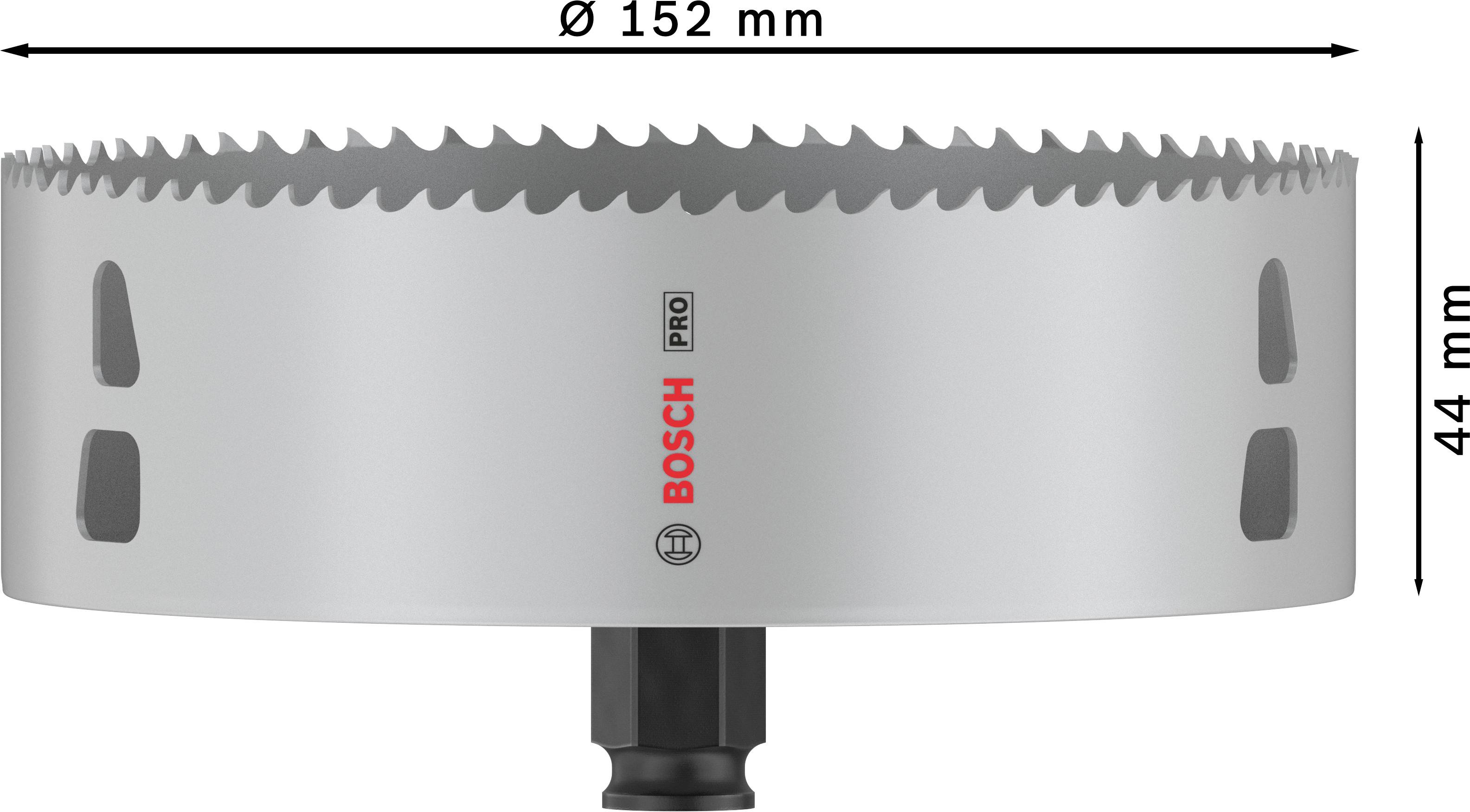 Lochsäge 'Ø 152 mm' mit '44 mm' Schnitttiefe von Bosch, verwendet zum Bohren großer Löcher in Materialien wie Holz oder Metall.