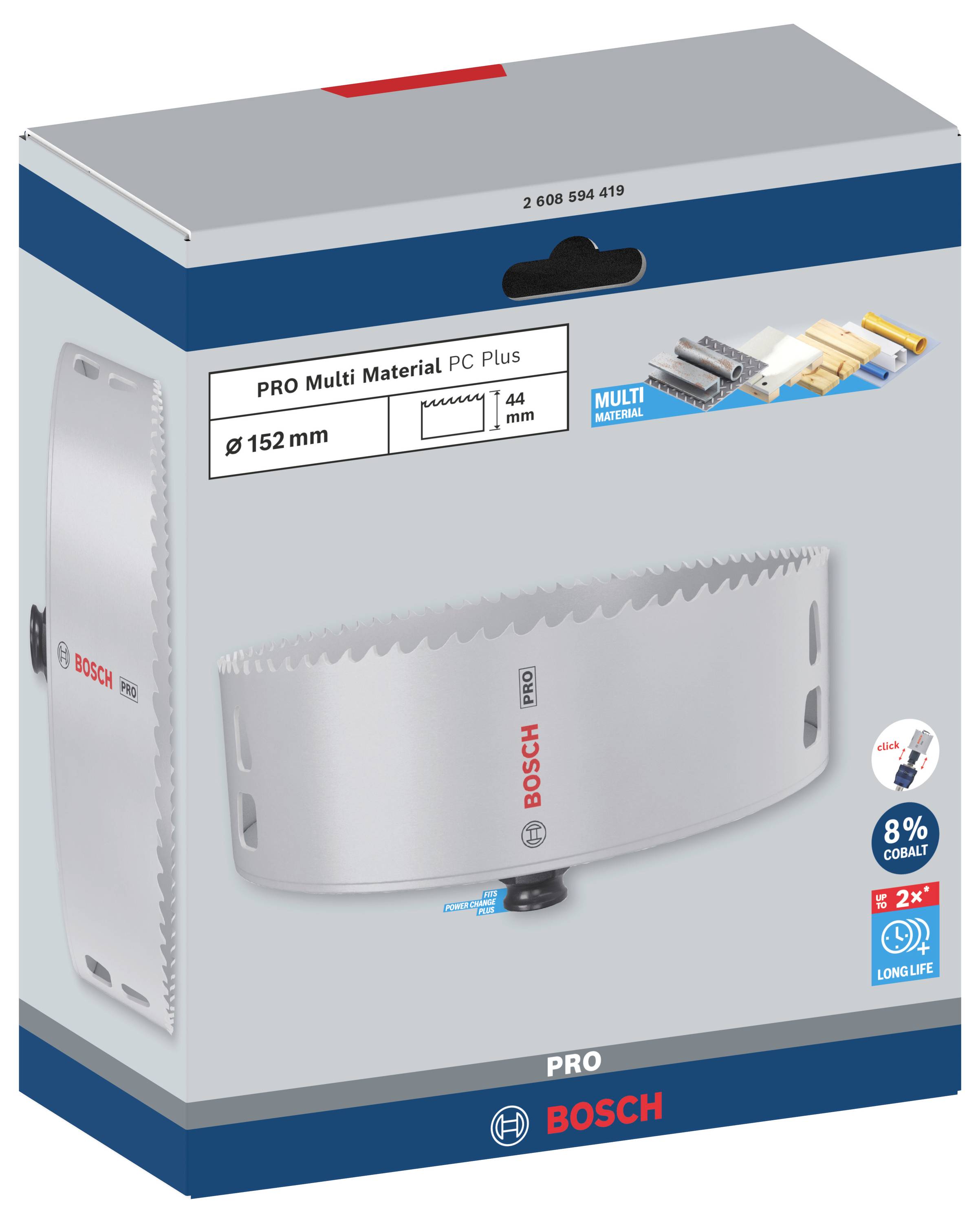 Verpackung einer Bosch PRO Multi Material Lochsäge mit 152 mm Durchmesser, geeignet für Holz, Kunststoff und Metall.