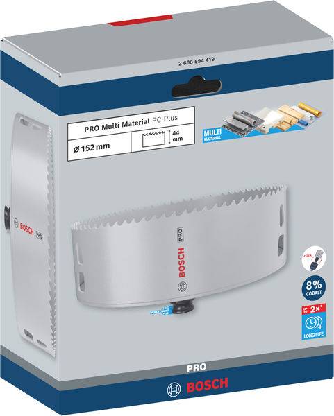 Verpackung einer Bosch Pro Multi Material Lochsäge, Größe 152 mm, zeigt Anwendungen für Holz, Kunststoff und Metall, inklusive Zubehör.