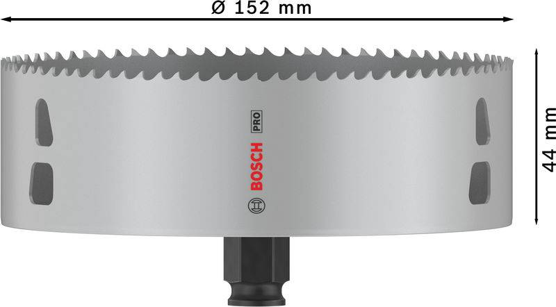 Sägekrone 'Ø 152 mm, 44 mm Höhe, Bosch Pro' mit Zähnen und Lüftungsschlitzen.