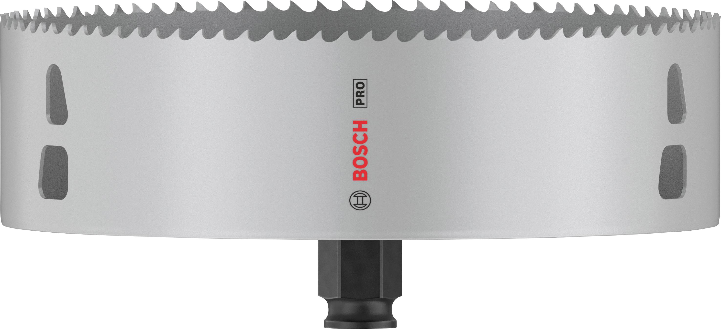 Silberner Lochsägeaufsatz mit BOSCH-Logo und PRO-Schriftzug in der Mitte. Geeignet für professionelle Bohrarbeiten in verschiedenen Materialien.