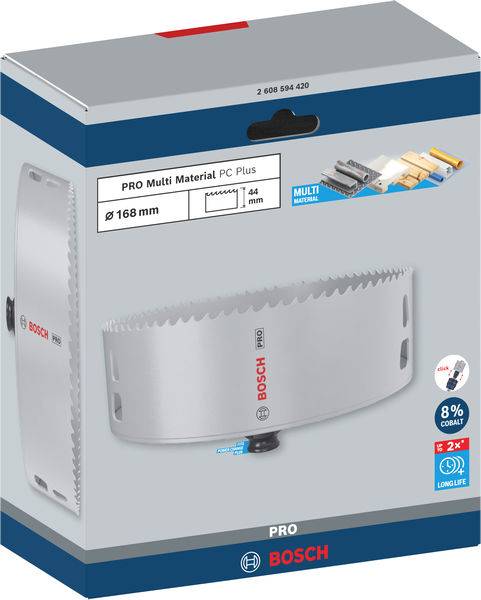 Hole saw mit PRO Multi Material PC Plus, Durchmesser 168 mm, geeignet für verschiedene Materialien, inkl. Abbildung von Anwendungsmöglichkeiten.