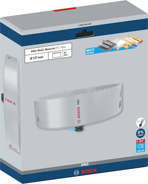Verpackung einer Bosch Lochsäge für verschiedene Materialien, Durchmesser 177 mm, mit Langlebigkeitsmerkmalen und Zubehörabbildungen.