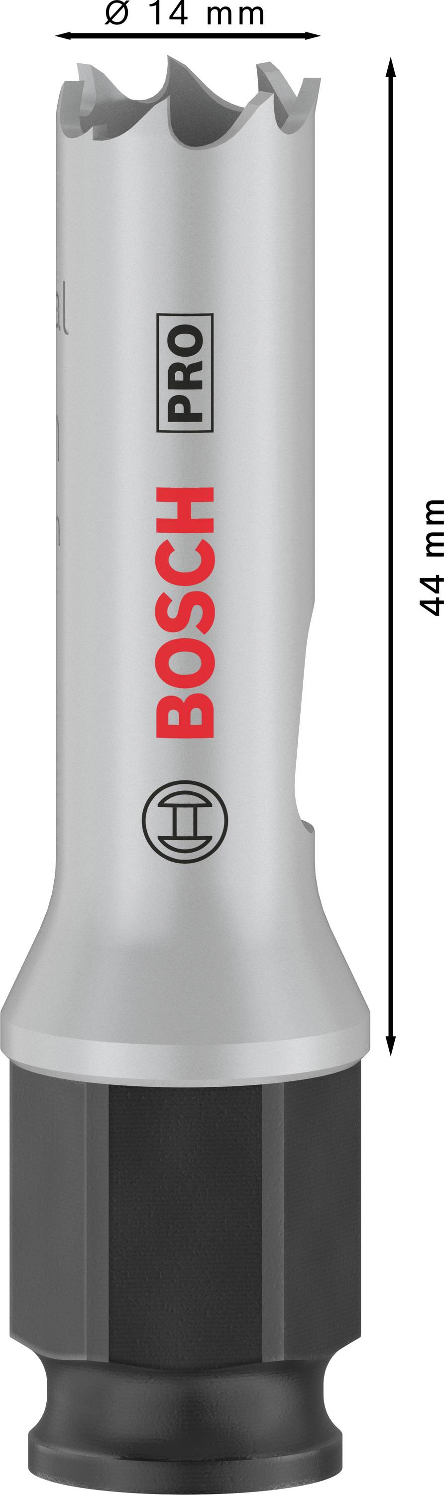 'Bosch Pro Lochsäge, Durchmesser 14 mm, Länge 44 mm' – Zylinderform, graue und schwarze Farben, geeignet für präzises Bohren.