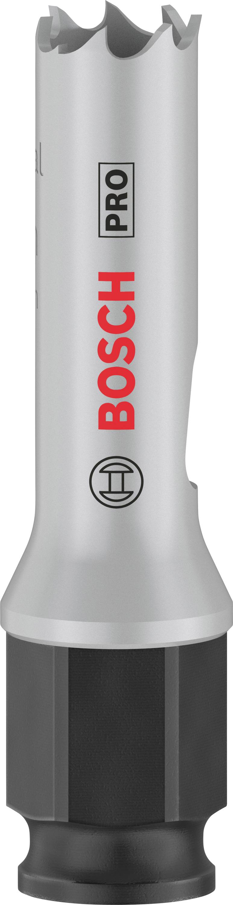 Bohreraufsatz mit der Aufschrift 'BOSCH PRO'. Silberne und schwarze Farben. Entworfen für präzises Bohren in harten Materialien.