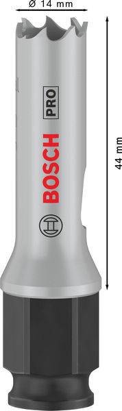 Abgebildet ist ein grauer Bosch Pro Lochsägeaufsatz mit einem Durchmesser von 14 mm und einer Höhe von 44 mm.