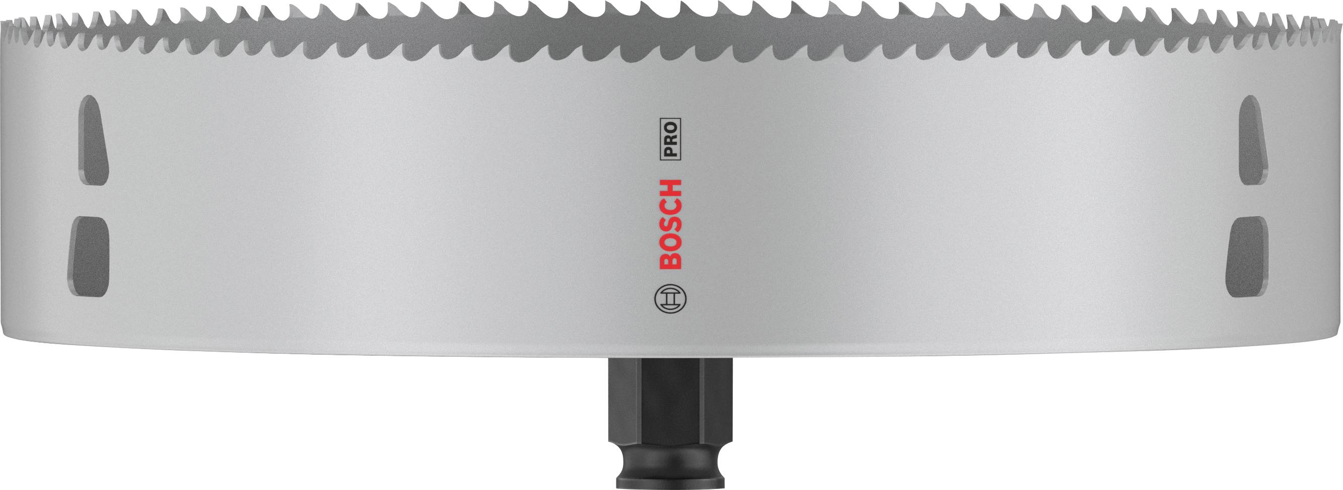 Eine Bosch-Profi-Lochsäge aus Metall mit Zähnen am Rand, geeignet für professionelles Bohren in verschiedene Materialien.