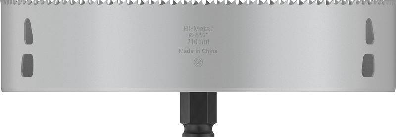 Ein silberner Lochsäge-Aufsatz mit Beschriftung 'Bi-Metal, 203 mm'. Der Schneidkopf hat gezackte Kanten und ist für Metallschnitt geeignet.