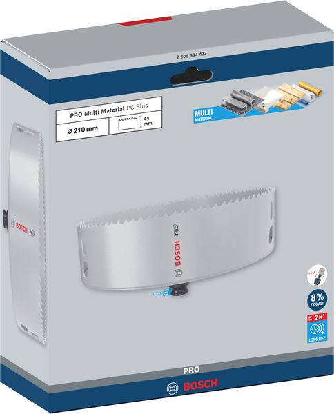 Verpackung einer Bosch Lochsäge, 210 mm Durchmesser, geeignet für verschiedene Materialien. Enthält Produktabbildung und technische Details.