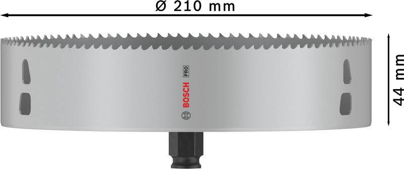 Graue Lochsäge mit einem Durchmesser von 210 mm und einer Höhe von 44 mm, gekennzeichnet mit 'Bosch Pro'.