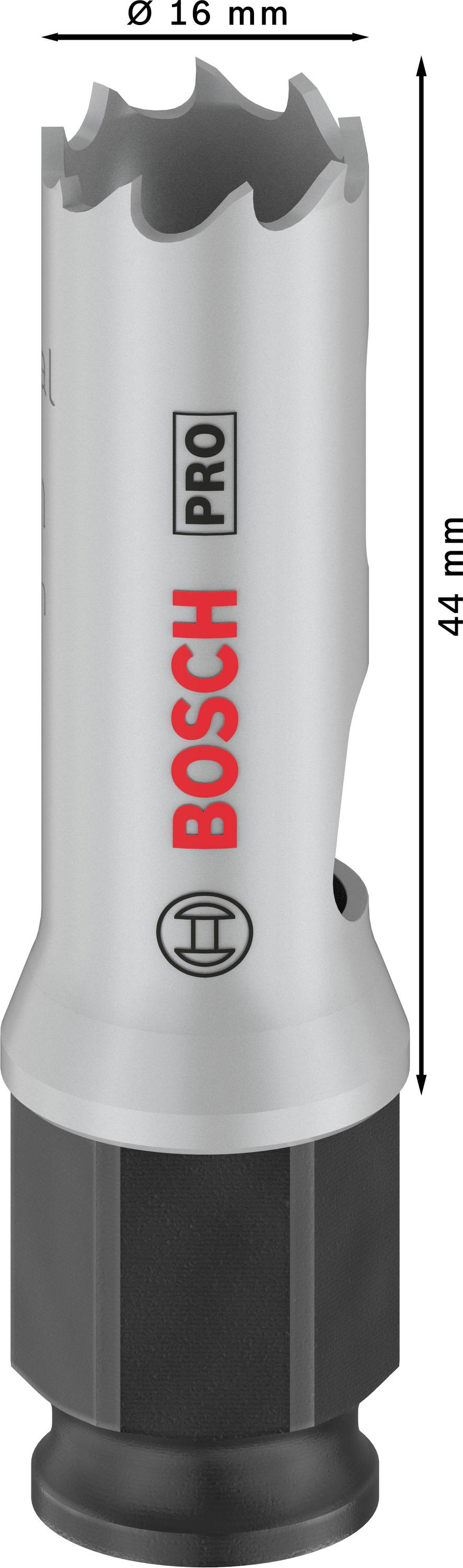 Bosch Pro Lochsäge mit 16 mm Durchmesser und 44 mm Länge, geeignet für präzise Bohrarbeiten.