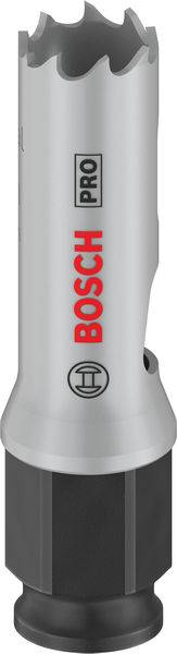 Eine metallene Lochsäge von Bosch mit Aufsatz, geeignet für präzises Bohren in verschiedenen Materialien.