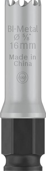 Silberner Bi-Metall Lochsäge-Aufsatz, Durchmesser 16 mm, mit dem Aufdruck 'BI-Metal, Ø 5/8, 16 mm, Made in China'.