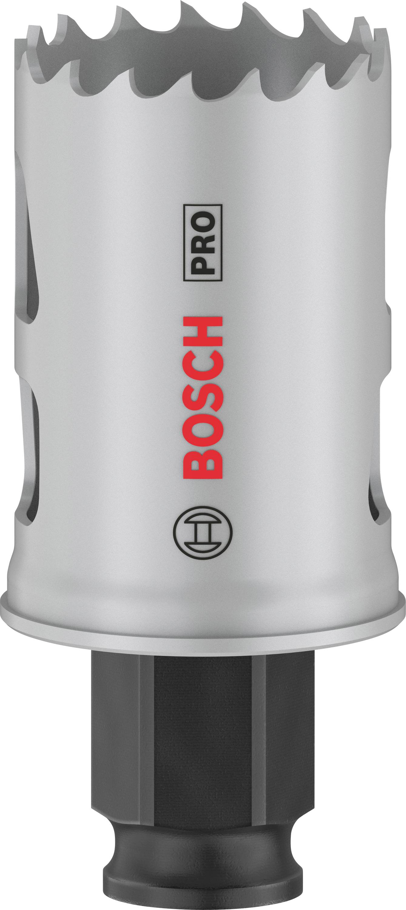 Silberne Lochsäge von Bosch mit gezahntem Rand, Logo und der Schrift 'PRO' auf der Seite.
