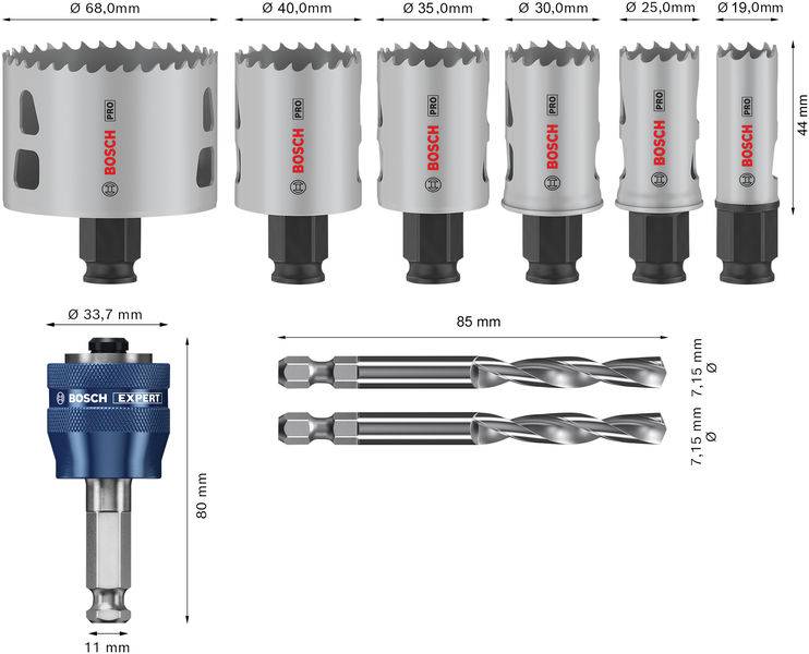 Sechs Lochsägen unterschiedlicher Größe, oben, und zwei Bohrer mit Adapter, unten. Produkt von Bosch zur Metall- und Holzbearbeitung.
