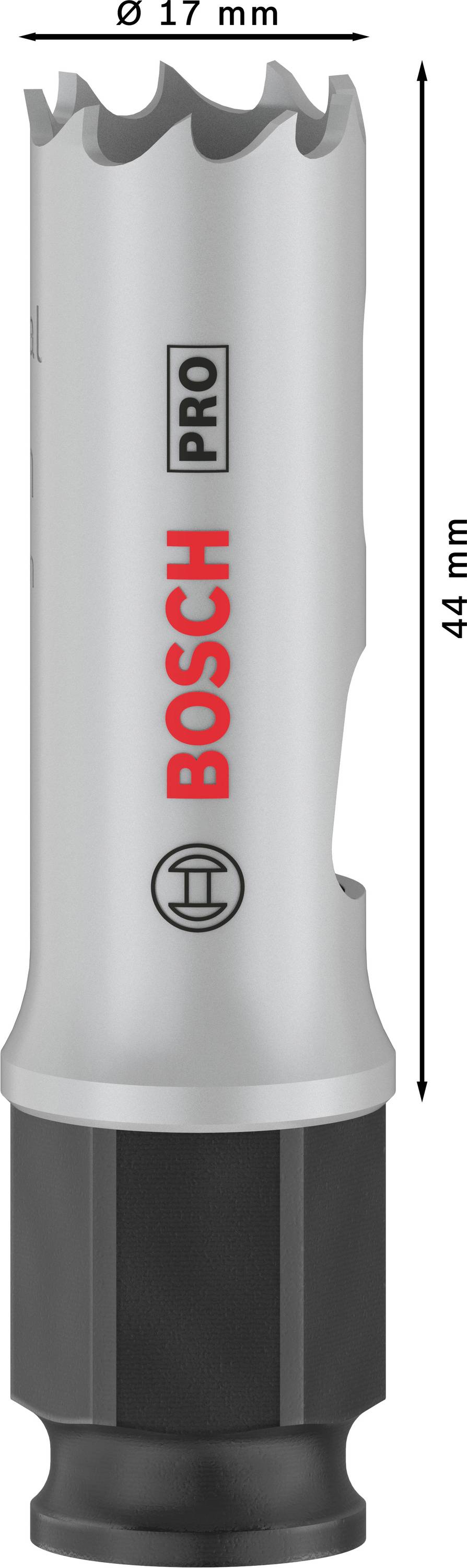 Eine Bosch Pro Lochsäge, silber mit schwarzem Basis, Durchmesser 17 mm, Länge 44 mm.