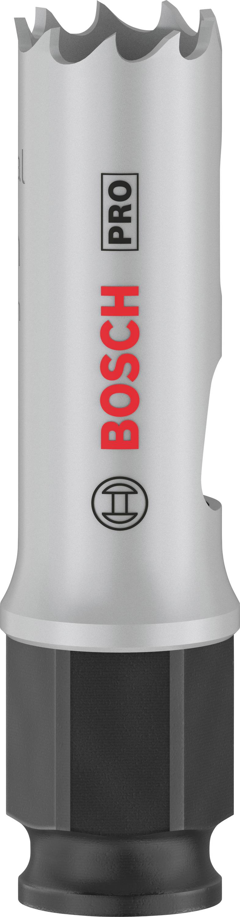 Metall-Lochsäge in Silber mit rotem 'BOSCH PRO'-Logo darauf. Sie ist für präzises Bohren in Metalloberflächen konzipiert.