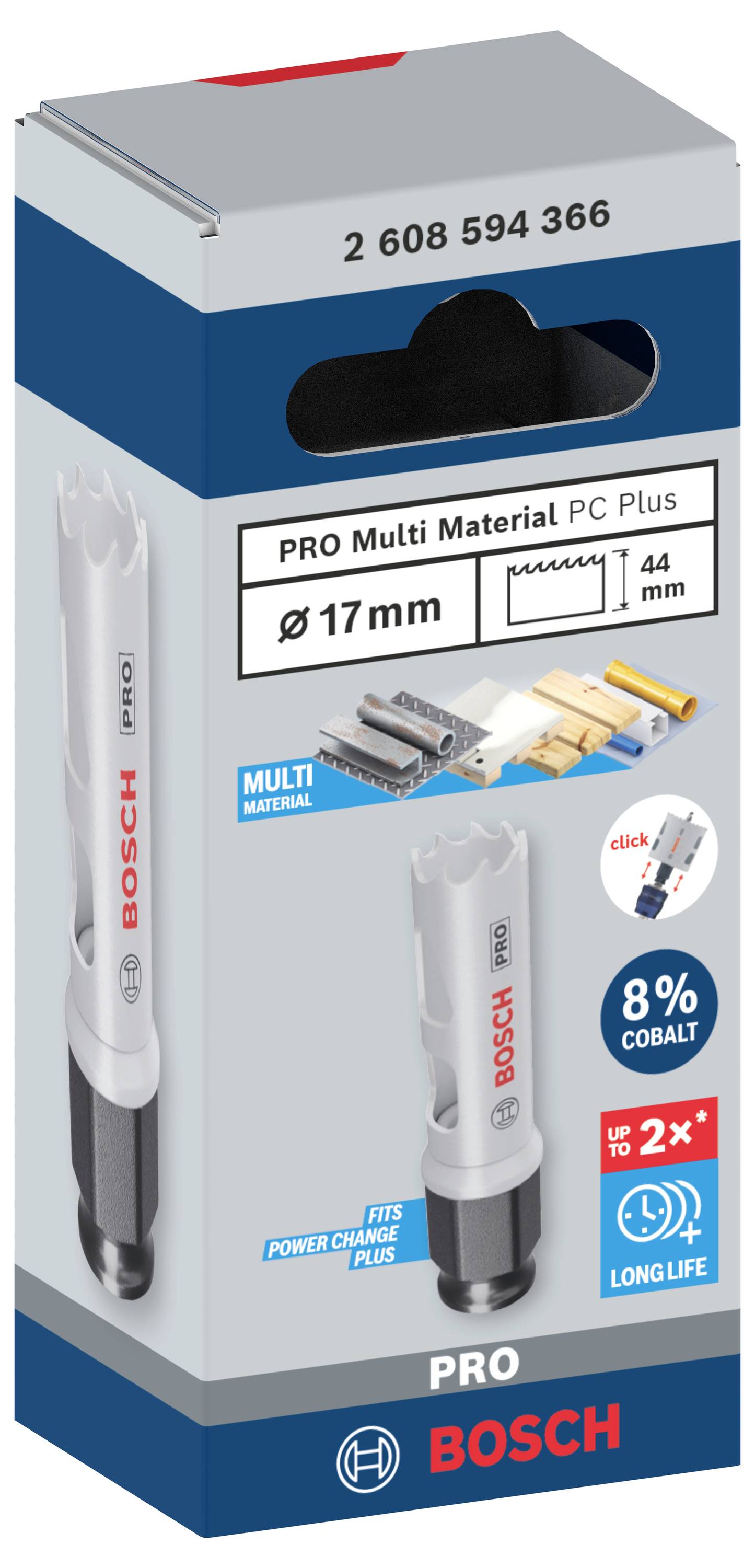 Verpackung eines Bosch PRO Multi Material Lochsägeaufsatzes, 17 mm Durchmesser, geeignet für verschiedene Materialien mit 8 % Kobalt.