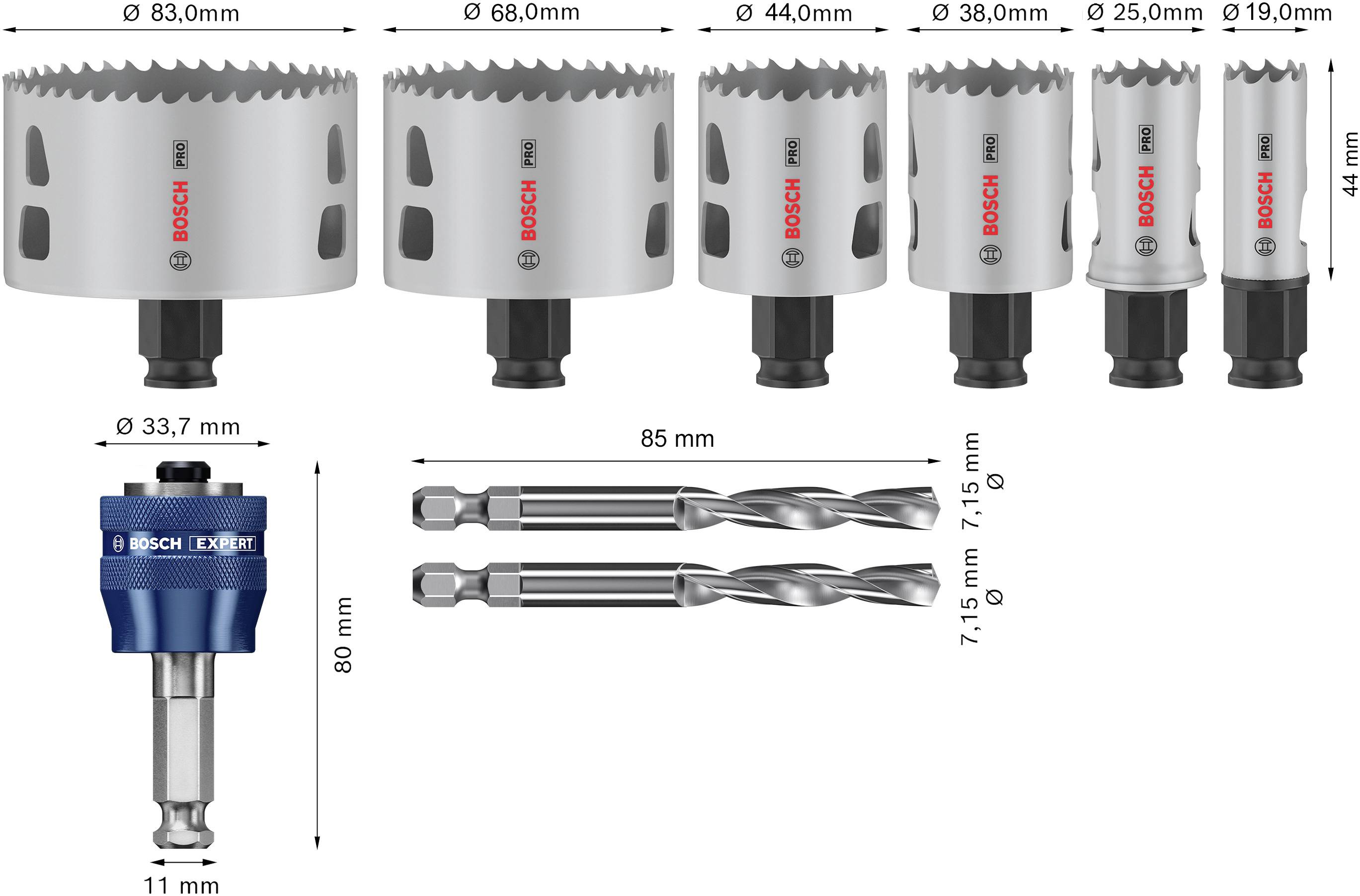 'Bosch PRO' Lochsägen-Set mit sechs Größen (19-68 mm), zwei Bohrer (7,15 mm), Universalschnellwechseladapter (80 mm) und Maße in mm.