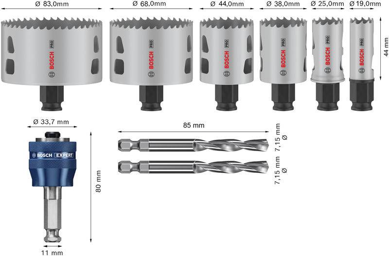 Sechs Lochsägen verschiedener Größen mit Bosch-Logo und zwei Bohrer, Abmessungen in Millimetern angegeben.