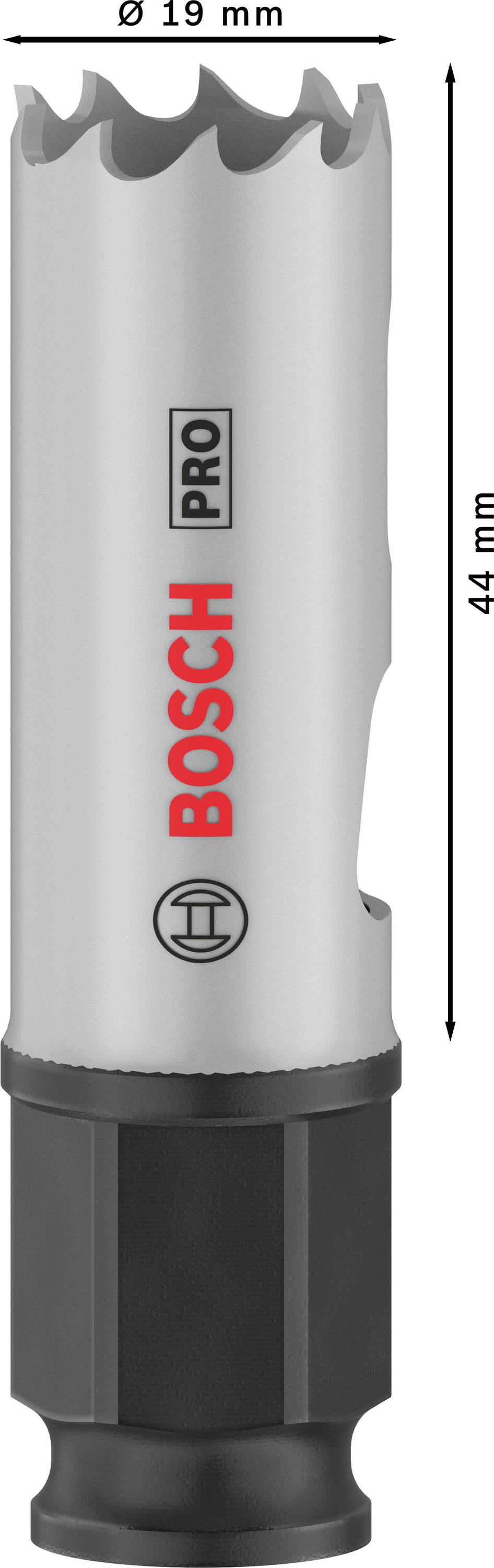 'BOSCH PRO' Lochsäge, Durchmesser 19 mm, Länge 44 mm, mit gezahntem Rand, geeignet für professionelle Anwendungen im Werkzeugbereich.