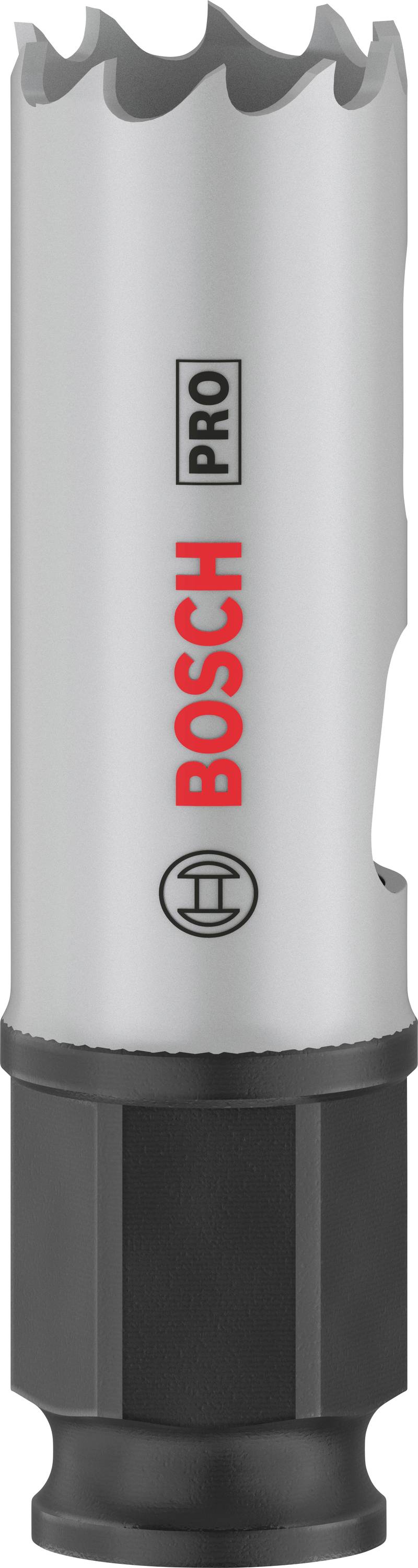 Metallsägekrone von Bosch Professional mit zahnförmigem Rand für präzises Bohren. Silber mit rotem 'Bosch Pro' Logo.