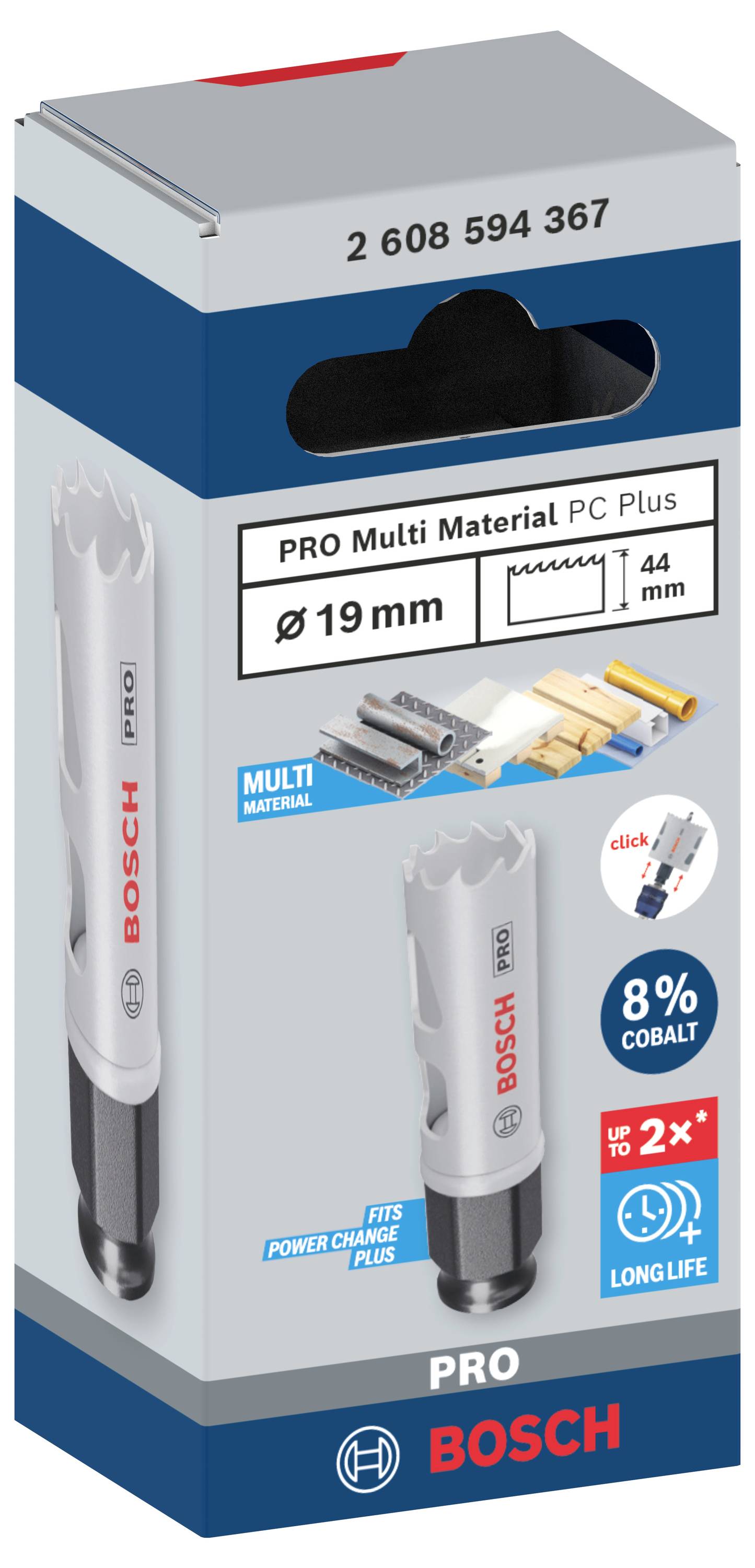 Verpackung für Bosch PRO Multi Material Lochsäge. Durchmesser 19 mm, Cobaltanteil 8 %, geeignet für verschiedene Materialien.