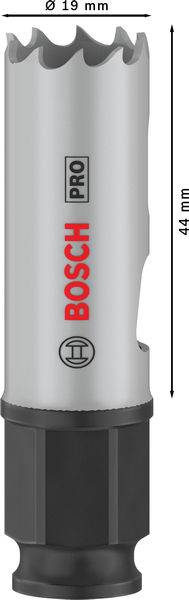 Ein grauer Bohrkrone mit schwarzem Sockel, 'BOSCH PRO' in Rot aufgedruckt. Länge 44 mm, Durchmesser 19 mm, Zahnung oben.