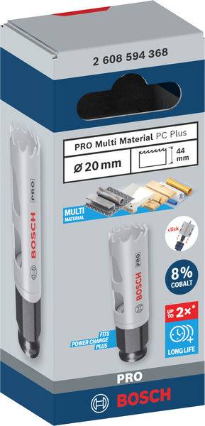 Verpackung einer Bosch PRO Multi Material Lochsäge, 20 mm Durchmesser. Geeignet für verschiedene Materialien, langlebig mit 8% Kobalt.