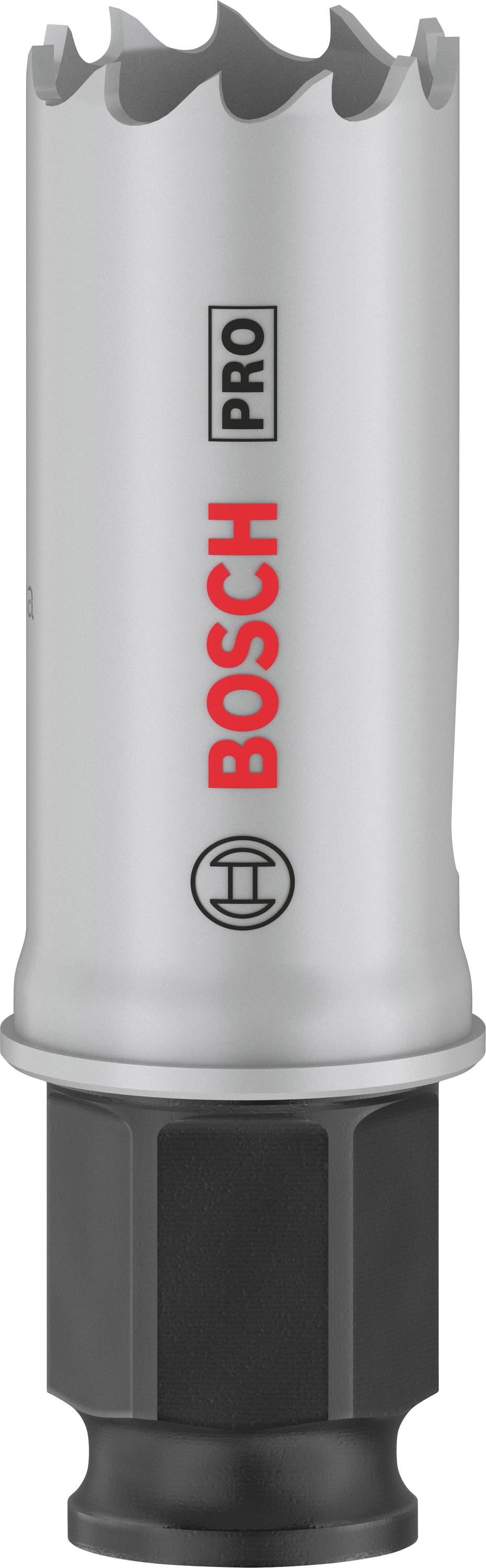 Metall-Bohrkrone mit gezackten Kanten, Markenaufschrift 'Bosch Pro' in Rot und Schwarz, grau-silberne Oberfläche, schwarzer Sockel.