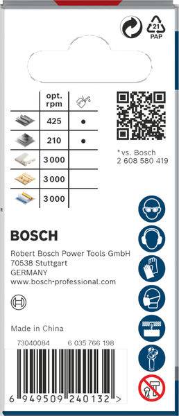 Verpackung für Bosch Power Tools. Zeigt verschiedene Optionen mit Drehzahlen: 425, 210, 3000. Enthält QR-Code und Recycling-Symbole.