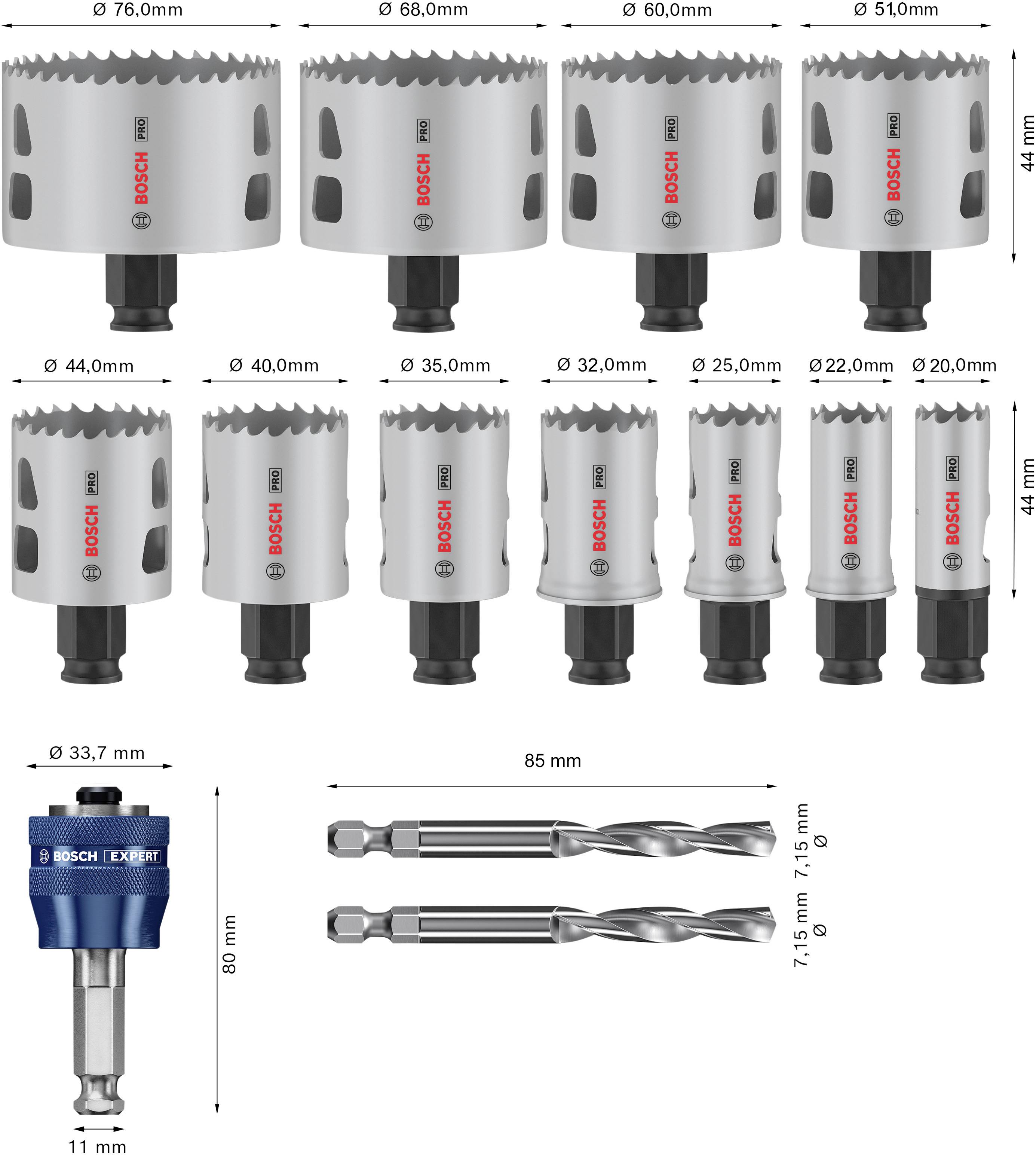 Satz von Lochsägen und Bohrern mit verschiedenen Größen, die von 20 mm bis 76 mm reichen. Inklusive Adapter und zwei Bohrer.