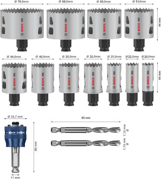'Bosch Lochsägen-Set': 11 Lochsägen unterschiedlicher Durchmesser, ein Adapter und zwei Bohrer. Ideal für Metall- und Holzarbeiten.