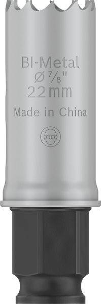 Grauer Bi-Metall-Lochsägeaufsatz mit 22 mm Durchmesser, 'Made in China' Aufschrift. Geeignet für Metall- und Holzarbeiten.