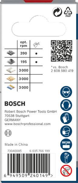 Verpackungsrückseite von Bosch Bohrer mit technischen Spezifikationen, QR-Code, Kontaktinformationen und Symbolen zur Verwendung.