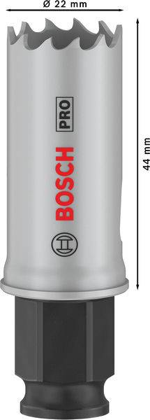 'Bosch PRO' Lochsäge, Durchmesser 22 mm, Länge 44 mm, mit gezackter Schneide, geeignet für Präzisionsbohrungen in verschiedenen Materialien.