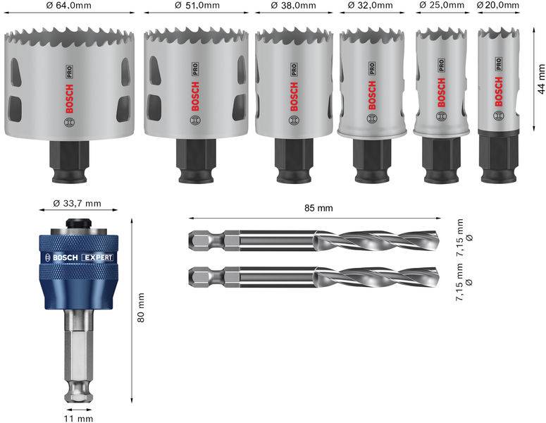 Sechsteiliges Lochsäge-Set und zwei Bohrer. Lochsägen in verschiedenen Durchmessern: 64mm bis 20mm. Bohrer: 85mm Länge.