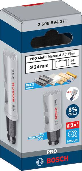 Verpackung einer 'Bosch Pro Multi Material PC Plus' Lochsäge, 24mm Durchmesser, geeignet für verschiedene Materialien, langlebig.