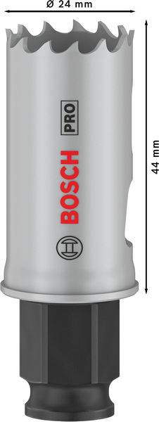 Bohrkrone von Bosch Pro, silberfarben, mit einem Durchmesser von 24 mm und einer Höhe von 44 mm, eignet sich für präzises Bohren.
