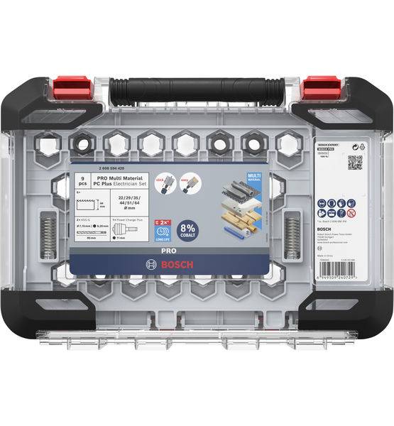 Mehrteiliges Bosch Pro Multi Material Set in einer transparenten Box mit roten Verschlüssen, geeignet für Bohrarbeiten in verschiedenen Materialien.