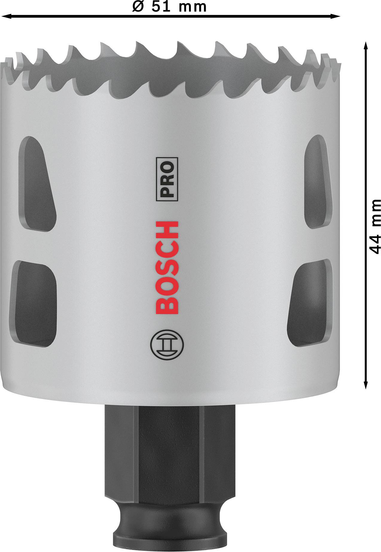 Silberne Kreissägebohrkrone von Bosch Pro mit einem Durchmesser von 51 mm und einer Höhe von 44 mm.